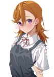  1girl absurdres arm_behind_back asymmetrical_bangs blush breasts dress ear_blush grey_dress hair_between_eyes highres kawai_ritsu_(rits_meg) long_hair looking_at_viewer love_live! love_live!_superstar!! medium_breasts neck_ribbon orange_hair ribbon school_uniform shibuya_kanon shirt short_sleeves simple_background solo summer_uniform sweatdrop upper_body violet_eyes white_background white_shirt yuigaoka_school_uniform 