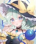  1girl black_headwear bow commentary frilled_hat frills green_eyes green_hair hat hat_bow heart heart_of_string komeiji_koishi open_mouth re_re_merry short_hair solo third_eye touhou upper_body yellow_bow 