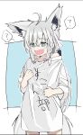  1girl ? animal_ear_fluff animal_ears confused fangs fox_ears fox_girl fox_tail highres hololive long_hair nakama_kun nervous_smile nervous_sweating no_pants off_shoulder open_mouth oversized_clothes oversized_shirt shirakami_fubuki shirt sketch skin_fangs sleeves_past_elbows smile spoken_question_mark sweat tail white_hair 