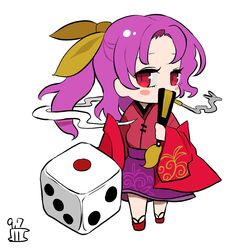  1girl chibi dice floral_print full_body geta hand_fan holding holding_fan japanese_clothes kimono komakusa_sannyo looking_at_viewer maaru_(akira428) ponytail purple_hair purple_skirt red_eyes red_kimono skirt smoking smoking_pipe solo touhou white_background wide_sleeves 