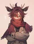  1boy animal_ears brown_jacket crossed_arms dark_red_hair deer_ears genshin_impact green_eyes hair_between_eyes highres horns jacket looking_at_viewer male_focus multicolored_hair nekojinnyart red_scarf redhead scarf shikanoin_heizou short_hair streaked_hair 