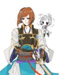  1boy brown_hair closed_mouth facing_viewer fire_emblem fire_emblem_fates highres hisame_(fire_emblem) japanese_clothes katana looking_at_viewer male_focus multiple_views samurai samurai_spirits swept_bangs sword upper_body weapon y_unisef 