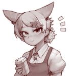  1girl animal_ears apron cafe closed_mouth coffee coyopotato coyote_(kemono_friends) extra_ears hair_ornament handsdsds highres kemono_friends kemono_friends_v_project looking_at_viewer shirt short_hair simple_background solo virtual_youtuber wolf_ears wolf_girl 