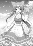  1girl :d animal_ears apron blush breasts clouds commentary_request copyright_request day dress field flower flower_field frilled_apron frilled_dress frills greyscale hair_between_eyes hand_puppet highres long_hair long_sleeves looking_at_viewer medium_breasts monochrome nakamura_hinato outdoors petals puffy_long_sleeves puffy_sleeves puppet sidelocks sky sleeveless sleeveless_dress smile solo standing very_long_hair waist_apron wolf_ears 