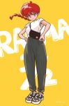  1girl alternate_costume breasts character_name earrings english_text full_body jewelry norixio55 pig ranma-chan ranma_1/2 red_eyes redhead simple_background smile solo standing twitter_username yellow_background 