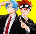  2boys artist_name black_robe collared_shirt daut_barret fang frown genjitsu_o_miro green_hair grey_shirt grin hair_between_eyes hand_up jewelry lance_crown long_sleeves male_focus mashle multiple_boys necklace necktie planet_earrings red_eyes red_necktie redhead robe shirt short_hair simple_background smile teeth v yellow_background 
