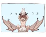  2023 2boys animal animal_on_head black_horns blue_background brown_hair brown_scales brown_wings carrying child chinese_zodiac claws dated dragon_boy dragon_horns dragon_wings fang feet_out_of_frame hands_up holding holding_animal horns low_wings male_focus monster_boy mullmull02 multiple_boys multiple_horns new_year on_head open_mouth original pointy_ears rabbit scales short_hair shoulder_carry simple_background sitting taras-kun white_hair wings year_of_the_rabbit 
