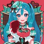  1girl absurdres aqua_eyes aqua_hair bare_shoulders blue_eyes blue_hair blush box box_of_chocolates chocolate commentary dress english_commentary gift gloves hair_between_eyes hair_ornament hat hatsune_miku heart-shaped_box highres holding holding_gift incoming_gift long_hair looking_at_viewer mini_hat open_mouth puffy_sleeves ribbon simple_background smile solo sugarmonaka twintails valentine very_long_hair vocaloid white_gloves 