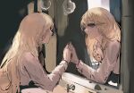  absurdres aurore_lee blonde_hair blue_eyes chinese_commentary circle_of_inevitability commentary_request day genderswap genderswap_(mtf) highres indoors light_bulb long_hair looking_at_mirror mirror reflection shirt sink spoilers white_shirt yuehuai82141 