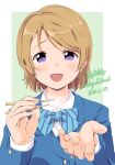  1girl :d blazer blue_bow blue_jacket bow brown_hair chopsticks collared_shirt diagonal-striped_bow dress_shirt green_background highres holding holding_chopsticks incoming_food jacket koizumi_hanayo long_sleeves looking_at_viewer love_live! love_live!_school_idol_project rice school_uniform sen_(sen0910) shirt short_hair smile solo swept_bangs two-tone_background upper_body violet_eyes white_background white_shirt 