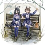  2girls agnes_tachyon_(umamusume) ahoge animal_ears bare_tree bench bento black_hair blue_shirt blue_skirt blue_thighhighs bow bowtie brown_footwear closed_mouth commentary_request cup fire full_body hair_between_eyes hand_up highres holding holding_cup horse_ears horse_girl loafers long_hair manhattan_cafe_(umamusume) multiple_girls open_mouth pleated_skirt pomopomoinu red_eyes shirt shoes skirt teacup thigh-highs tree umamusume very_long_hair white_bow white_bowtie yellow_eyes 