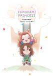  2girls :&gt; absurdres animal_ears arm_up bird black_gloves blush_stickers brown_hair carrying chibi chokueji commentary confetti dress ear_covers ear_ornament english_text gloves green_dress hair_between_eyes hair_intakes highres horse_ears horse_girl horse_tail kawakami_princess_(umamusume) king_halo_(umamusume) long_hair looking_at_viewer multiple_girls off_shoulder one_side_up open_mouth piggyback short_eyebrows solid_oval_eyes swan tail triangle_mouth umamusume wavy_hair 