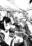  1girl animal_ears blush car_interior car_seat cat_ears cat_girl dashboard driving logo long_sleeves maid matsuda_kouta mirror monochrome nissan original rear-view_mirror short_hair solo steering_wheel tareme window 