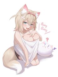  1girl ? absurdres animal_ear_fluff animal_ears barefoot black_shorts blonde_hair blue_eyes commentary creature dog_ears dog_tail dolphin_shorts english_commentary fang feet full_body hair_between_eyes highres hololive hololive_english knee_boobs midori_xu mococo_abyssgard multicolored_hair perroccino_(fuwamoco) pink_hair shadow shorts sitting skin_fang solo sound_effects streaked_hair tail two-tone_hair virtual_youtuber 