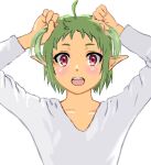  1girl ahoge alternate_costume arms_up elf green_hair hands_in_hair holding holding_hair looking_at_viewer mizumori_keiichi mushoku_tensei open_mouth pointy_ears red_eyes shirt short_hair simple_background solo sylphiette_(mushoku_tensei) upper_body white_background white_shirt 