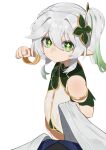  1boy 1girl clenched_hand closed_mouth cross-shaped_pupils fingernails flasso genshin_impact green_eyes green_hair grey_hair hair_ornament highres incoming_attack incoming_punch looking_at_another looking_at_viewer multicolored_hair nahida_(genshin_impact) out_of_frame pointy_ears punching scaramouche_(genshin_impact) shirt_grab simple_background smile solo_focus standing symbol-shaped_pupils two-tone_hair wanderer_(genshin_impact) white_background 