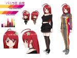  1girl absurdres ahoge character_name chibi choker flower full_body hair_flower hair_ornament highres long_hair midriff nail_polish non-web_source off_shoulder orange_eyes original racing_suit redhead reference_sheet skirt thigh-highs tsurime 