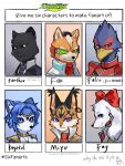  animal_ears animal_nose beak bird_boy black_sclera blue_eyes blue_fur body_fur bow closed_mouth colored_sclera commentary dog_girl earrings english_commentary english_text falco_lombardi fay_spaniel fox_boy fox_mccloud furry furry_female furry_male green_eyes highres jewelry krystal looking_at_viewer lynx_girl miyu_lynx multiple_drawing_challenge necktie panther_boy panther_caroso panther_ears pruh red_bow single_earring six_fanarts_challenge snout star_fox star_fox_assault violet_eyes whiskers white_fur yellow_eyes 