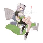  1girl arknights black_shorts black_socks bun_cover character_request clouds commentary_request double_bun full_body grey_hair hair_between_eyes hair_bun highres knee_up long_hair looking_at_viewer parted_lips puffy_short_sleeves puffy_shorts puffy_sleeves scissors shirt shoes short_shorts short_sleeves shorts simple_background socks solo translation_request very_long_hair violet_eyes white_background white_footwear white_shirt xx_3752 