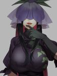  1girl black_gloves black_hair breasts covered_eyes fuuga_(perv_rsity) gloves hand_on_own_chin highres huge_breasts lipstick long_hair makeup parted_lips puffy_short_sleeves puffy_sleeves red_lips short_sleeves sidelocks solo touhou turtleneck upper_body very_long_hair yomotsu_hisami 