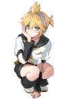  1boy artist_name black_shorts black_sleeves blonde_hair blue_eyes bored closed_mouth detached_sleeves hand_on_own_face highres kagamine_len looking_at_viewer shirt short_sleeves shorts solo squatting vocaloid white_shirt wumumu 