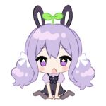  1girl :o animal_ears black_dress blush_stickers bow brown_thighhighs chibi chitosezaka_suzu dress full_body hair_bow long_hair looking_at_viewer open_mouth original over-kneehighs puffy_short_sleeves puffy_sleeves purple_hair purple_shirt rabbit_ears sapling shirt short_sleeves simple_background sitting sleeveless sleeveless_dress solo star-shaped_pupils star_(symbol) symbol-shaped_pupils thigh-highs very_long_hair violet_eyes wariza white_background white_bow 