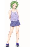  1girl :d absurdres ahoge alternate_costume arms_behind_back blue_shorts camisole elf full_body green_hair grey_camisole highres looking_at_viewer mizumori_keiichi mushoku_tensei open_mouth pointy_ears red_eyes sandals short_hair shorts simple_background smile solo standing sylphiette_(mushoku_tensei) white_background 
