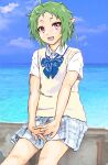  1girl :d ahoge alternate_costume blue_bow blue_skirt bow clouds collared_shirt elf green_hair highres interlocked_fingers looking_at_viewer mizumori_keiichi mushoku_tensei ocean open_mouth outdoors own_hands_together pointy_ears red_eyes shirt short_hair sitting skirt sky smile solo sweater sweater_vest sylphiette_(mushoku_tensei) water white_shirt white_sweater 