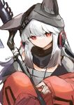  1girl andou_yuna animal_ear_fluff animal_ears arknights beanie black_headwear closed_mouth commentary_request ears_through_headwear frostleaf_(arknights) grey_hair grey_shirt hair_between_eyes hat headphones highres jacket long_hair long_sleeves looking_at_viewer puffy_long_sleeves puffy_sleeves red_eyes red_jacket shirt simple_background sleeves_past_fingers sleeves_past_wrists solo twitter_username upper_body white_background 