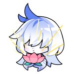  1girl chibi closed_mouth expressionless flora_(honkai_impact) flower hair_over_eyes holding holding_flower honkai_(series) honkai_impact_3rd long_hair long_sleeves official_art pink_flower solo transparent 