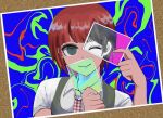  1girl black_eyes blue_background closed_mouth collared_shirt covering_mouth covering_one_eye danganronpa_(series) danganronpa_2:_goodbye_despair dress famima_de_neppuri freckles green_background green_dress highres holding holding_photo koizumi_mahiru multicolored_background necktie one_eye_closed photo_(object) pinafore_dress plaid_necktie red_background redhead shirt short_hari short_sleeves sleeveless sleeveless_dress solo white_shirt 