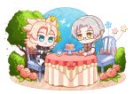  2boys albedo_(genshin_impact) black-framed_eyewear black_pants brown_eyes brown_vest cake chibi closed_mouth collared_shirt commentary company_connection crossover cup cupcake english_commentary flower food genshin_impact grey_hair highres holding jacket male_focus mihoyo mochi_(themicrose) multiple_boys necktie on_chair pants parted_bangs pink_flower pink_rose red_necktie rose saucer semi-rimless_eyewear shirt signature simple_background sitting smile star_(symbol) table tea teacup tears_of_themis tree twitter_username under-rim_eyewear vest vyn_richter_(tears_of_themis) white_background white_jacket white_shirt 