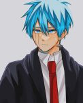  1boy black_robe collared_shirt facial_mark genjitsu_o_miro green_eyes green_hair grey_background grey_shirt hair_between_eyes highres lance_crown mashle necktie open_clothes open_robe planet_earrings red_necktie robe shirt short_hair simple_background solo upper_body 