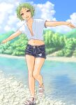  1girl :d ahoge alternate_costume clouds day denim denim_shorts elf forest green_hair highres looking_at_viewer mizumori_keiichi mushoku_tensei nature navel open_mouth outdoors outstretched_arms pointy_ears red_eyes shirt short_shorts shorts sky smile solo stream sylphiette_(mushoku_tensei) tied_shirt tree water white_footwear white_shirt 
