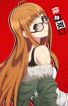  1girl absurdres black_bra bra bra_strap fur-trimmed_jacket fur_trim glasses green_jacket highres jacket long_hair looking_at_viewer looking_back novitalemmon open_clothes open_jacket persona persona_5 red_background sakura_futaba shirt smile solo translation_request underwear upper_body violet_eyes white_shirt 