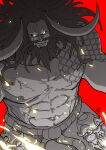  1boy abs absurdres bare_pectorals beard black_hair chest_tattoo closed_mouth curled_horns empty_eyes english_commentary facial_hair highres horns kaidou_(one_piece) kjlbs long_hair male_focus mustache one_piece oni oni_horns pectorals red_background signature simple_background solo tattoo topless_male v-shaped_eyebrows 