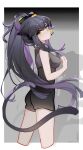  1girl absurdres animal_ears arknights black_background black_hair black_shorts black_tank_top border cat_ears cat_girl closed_mouth expressionless facing_to_the_side gradient_background grey_background highres jessica_(arknights) linnoko long_hair looking_at_viewer multicolored_hair ponytail purple_hair shadow shorts solo tank_top white_border yellow_eyes 