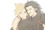  2boys arm_around_shoulder armor black_gloves black_hair blonde_hair blue_eyes closed_mouth cloud_strife commentary cross_scar duoj_ji earrings final_fantasy final_fantasy_vii final_fantasy_vii_rebirth final_fantasy_vii_remake gloves grin hair_pulled_back heads_together highres jewelry looking_at_another looking_at_viewer male_focus multiple_boys one_eye_closed parted_lips ribbed_sweater scar scar_on_cheek scar_on_face short_hair shoulder_armor sleeveless sleeveless_turtleneck smile spiky_hair stud_earrings suspenders sweater turtleneck turtleneck_sweater twitter_username upper_body v white_background zack_fair 