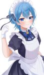  1girl apron blue_bow blue_bowtie blue_eyes blue_hair blush bow bowtie breasts closed_mouth fawny gloves hair_between_eyes highres hololive hoshimachi_suisei looking_at_viewer maid maid_apron maid_headdress puffy_short_sleeves puffy_sleeves short_hair short_sleeves solo star_(symbol) star_in_eye symbol_in_eye virtual_youtuber white_background white_gloves 