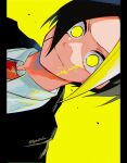  1boy artist_name black_hair blonde_hair closed_mouth collared_shirt finn_ames freckles genjitsu_o_miro highres looking_at_viewer mashle multicolored_hair necktie portrait red_necktie shirt short_hair sideways simple_background smile solo two-tone_hair yellow_eyes 