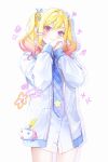  1girl blonde_hair blue_necktie blue_ribbon blush cellphone_charm charm_(object) closed_mouth cowboy_shot gradient_hair hair_between_eyes hair_ribbon halftone hand_on_own_cheek hand_on_own_face hands_up highres interlocked_fingers jacket kimi_to_tsumugu_precious_memories_(project_sekai) long_sleeves looking_at_viewer medium_hair minori_(faddy) multicolored_hair musical_note necktie official_alternate_costume open_clothes open_jacket own_hands_together phone pink_eyes pink_hair project_sekai ribbon shirt sidelocks simple_background smile solo standing star_(symbol) star_print stuffed_unicorn tenma_saki twintails unzipped white_background white_jacket white_shirt 