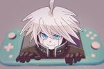  1boy ahoge android closed_mouth colored_skin danganronpa_(series) danganronpa_v3:_killing_harmony green_eyes grey_background grey_hair hair_between_eyes hands_up highres k1-b0 mufksin nintendo_switch power_armor simple_background smile solo white_skin 