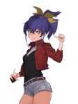 1girl belt black_shirt blue_eyes blue_hair bow bracelet duel_academy_uniform_(yu-gi-oh!_arc-v) hair_between_eyes hair_bow hand_on_own_hip highres jacket jewelry nbee_ya open_clothes open_jacket ponytail red_jacket serena_(yu-gi-oh!) shirt short_shorts shorts simple_background solo white_background white_shorts yellow_bow yu-gi-oh! yu-gi-oh!_arc-v