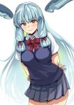  1girl alternate_costume arms_behind_back asava_(hutaitenn) blue_sweater bow bowtie collared_shirt commentary_request cowboy_shot dress_shirt grey_hair grey_skirt hair_ribbon highres kantai_collection leaning_forward long_hair looking_at_viewer murakumo_(kancolle) orange_eyes pleated_skirt red_bow red_bowtie ribbon school_uniform shirt sidelocks skirt solo sweater sweater_vest tress_ribbon white_shirt 