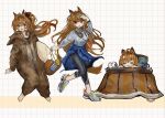 :o alternate_costume animal_ears arknights barefoot black_pants blue_jacket bottle brown_hair ceobe_(arknights) character_name closed_eyes clothes_around_waist commentary cosplay cup dog_ears dog_girl dog_tail food full_body grey_footwear grey_sweater hand_on_own_head highres holding holding_bottle holding_pillow jacket jacket_around_waist kigurumi kotatsu lanyard looking_at_viewer mug onesie onigiri open_mouth pants pillow pomopomoinu ponytail red_eyes shoes sidelocks simple_background smile sneakers sweater table tail upper_body water_bottle white_background 
