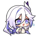  1girl chibi hair_between_eyes hare_(honkai_impact) honkai_(series) honkai_impact_3rd long_hair multicolored_hair official_art open_mouth solo streaked_hair transparent_background upper_body white_hair white_sleeves wide-eyed 
