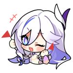  +++ 1girl blush chibi english_commentary flag hair_between_eyes hare_(honkai_impact) holding holding_flag honkai_(series) honkai_impact_3rd long_hair multicolored_hair official_art one_eye_closed open_mouth red_flag streaked_hair transparent_background upper_body white_hair white_headwear white_sleeves 