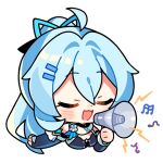  1girl ahoge bad_singing blue_hair chibi closed_eyes detached_sleeves english_commentary hair_between_eyes high_ponytail holding holding_megaphone honkai_(series) honkai_impact_3rd light_blue_hair long_hair long_sleeves megaphone music musical_note official_art open_mouth ponytail shigure_kira singing solo transparent_background 