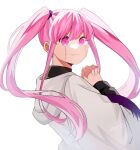  1girl black_shirt closed_mouth from_side genjitsu_o_miro hood hood_down long_sleeves looking_at_viewer looking_to_the_side love_cute mashle own_hands_clasped own_hands_together pink_eyes pink_hair shirt simple_background smile solo twintails upper_body white_background 