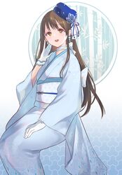  1girl alternate_costume blue_headwear blue_kimono brown_eyes brown_hair diesel_(nikke) earrings eyelashes eyeshadow frilled_gloves frills gloves goddess_of_victory:_nikke gucchiann highres japanese_clothes jewelry kimono light_blush long_hair makeup obi open_mouth red_eyeshadow sash sitting smile solo tilted_headwear white_gloves 